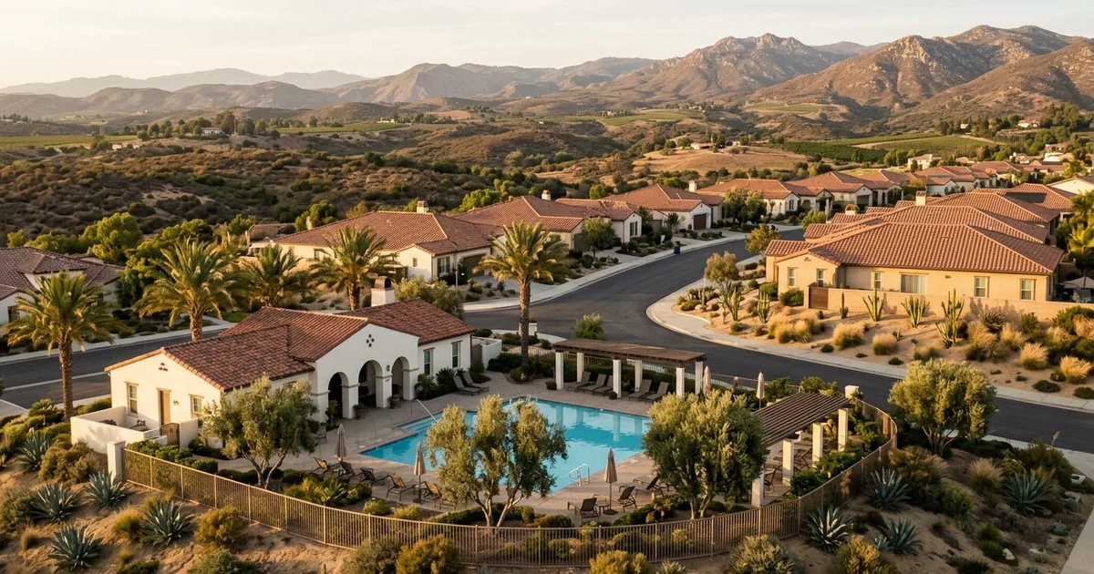 Single-story homes with tile roofs and a clubhouse pool on a quiet street in the Temecula Valley, with rolling hills behind at golden hour