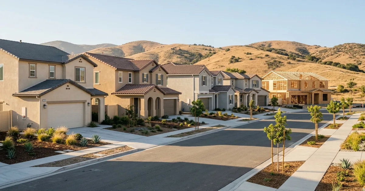 A street of newly built two-story homes with fresh driveways and young trees, one home still in wood framing, with rolling golden hills behind, evoking new construction in Temecula, California