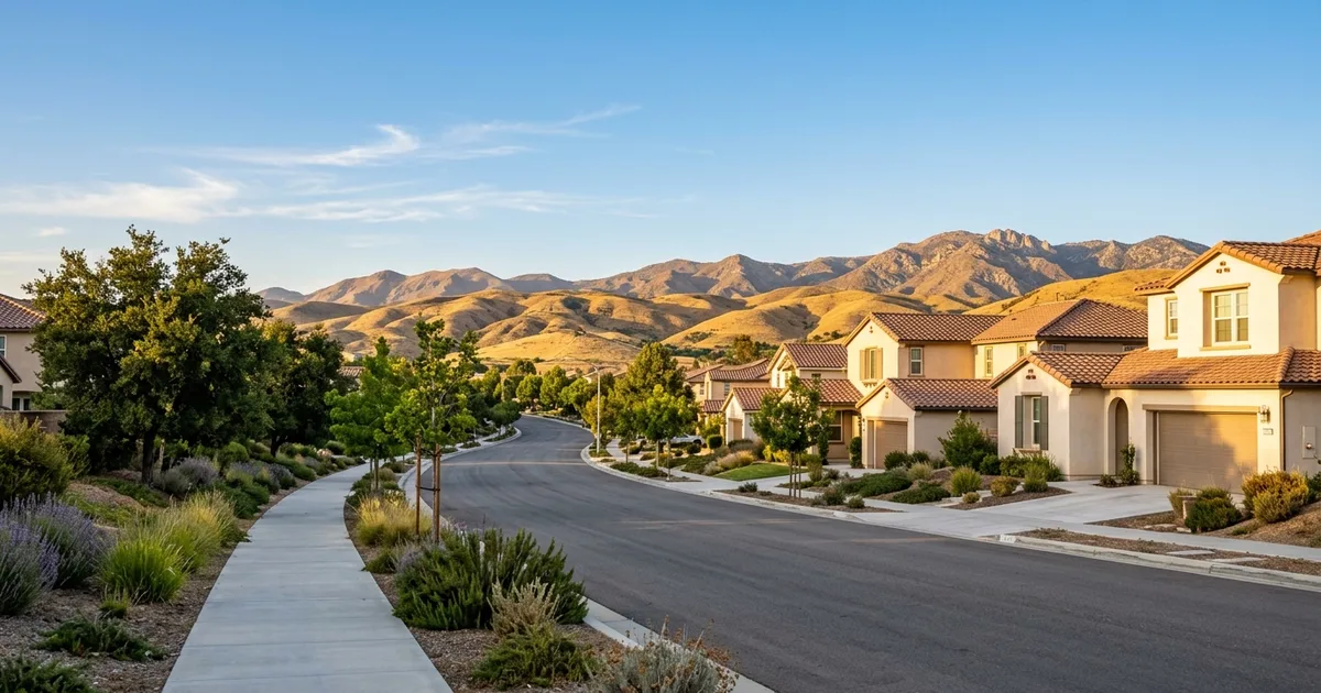Suburban street of stucco homes with tile roofs at golden hour, with golden hills and mountains behind, in the style of the Temecula Valley in Southwest Riverside County