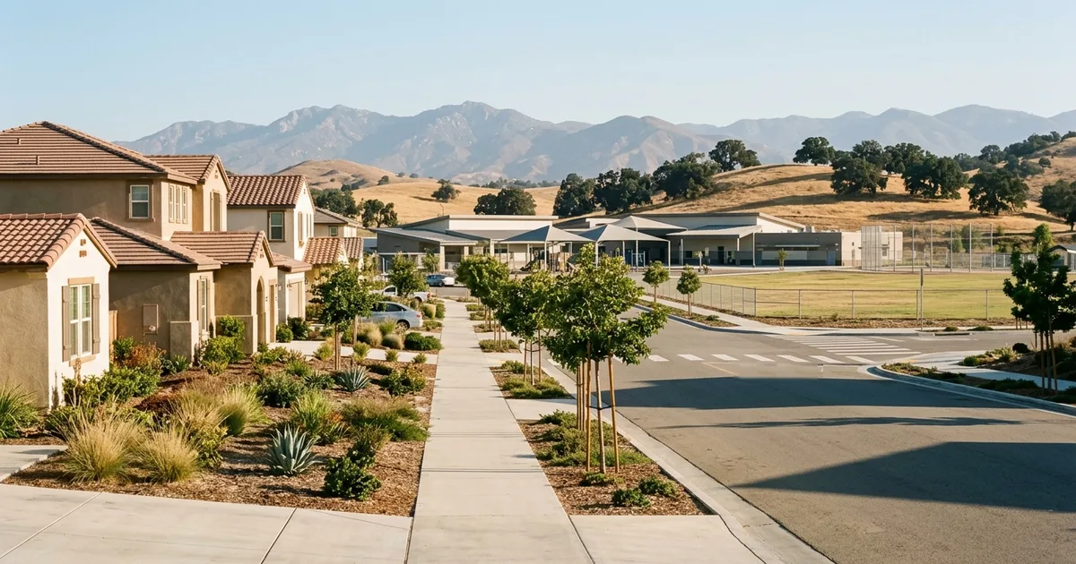Quiet sidewalk past stucco homes with tile roofs toward a low-rise public school campus with an empty playground and golden hills behind, in the style of a newer Southwest Riverside County neighborhood