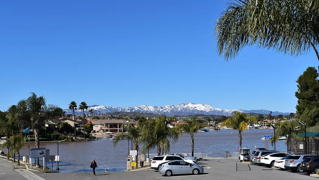 Canyon Lake, California, looking west toward the Elsinore Mountains with snow on the peaks
