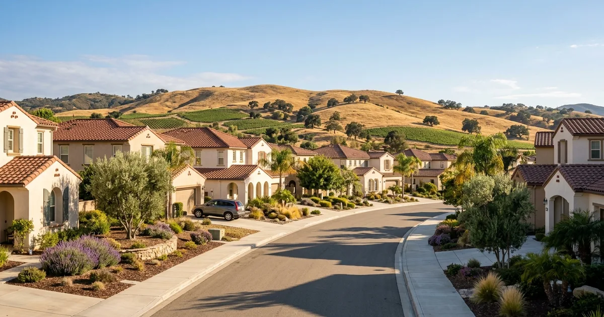 Tile-roofed homes in a Temecula neighborhood with the Temecula Valley hills behind them in warm afternoon light