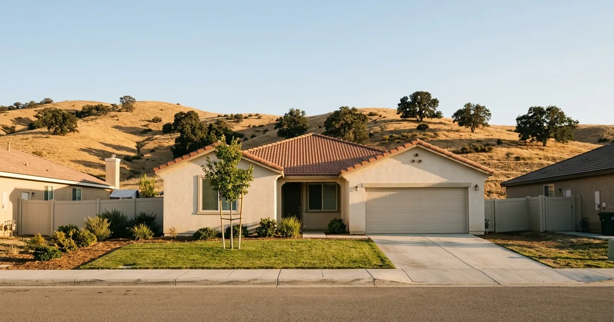 Modest single-story stucco starter home with a tile roof and small front lawn on a quiet street, with dry hills behind, in the style of Southwest Riverside County