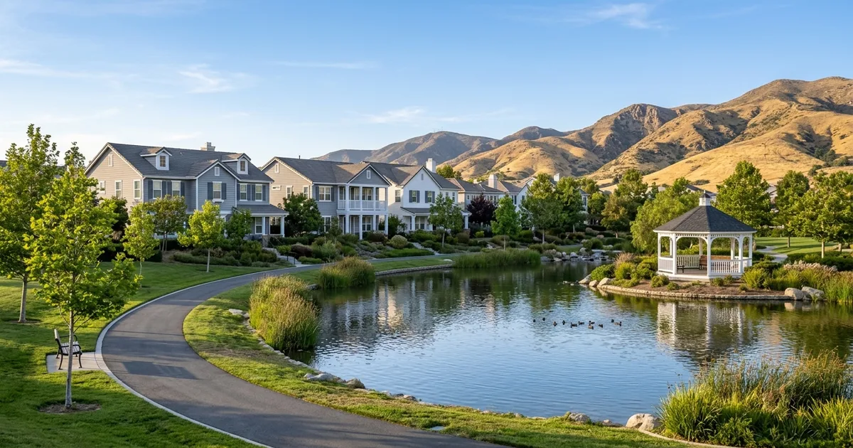 A small lake with a curving walking path and a white gazebo, two-story Cape Cod style homes beyond it and golden hills behind, evoking Harveston in Temecula, California