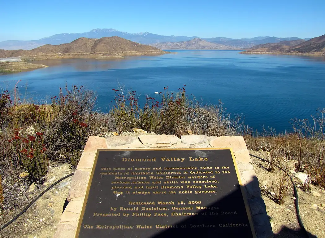 Diamond Valley Lake seen from the viewpoint above the shoreline near Hemet, California