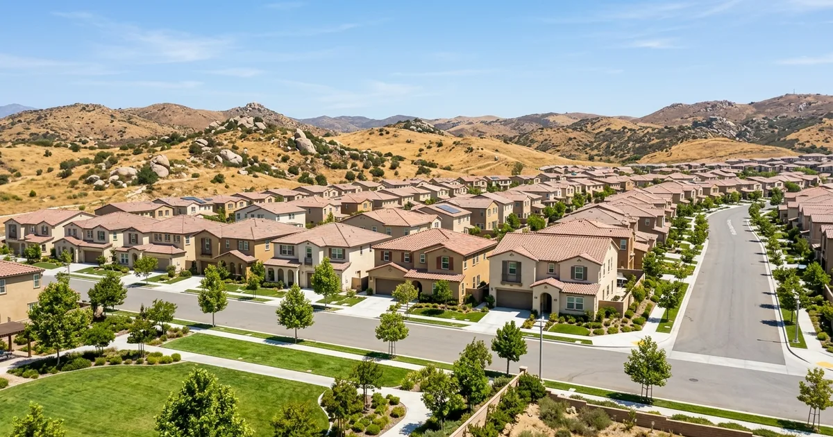 Newer two-story homes with tile roofs along a wide street in Menifee, California, with dry golden hills and boulders behind them