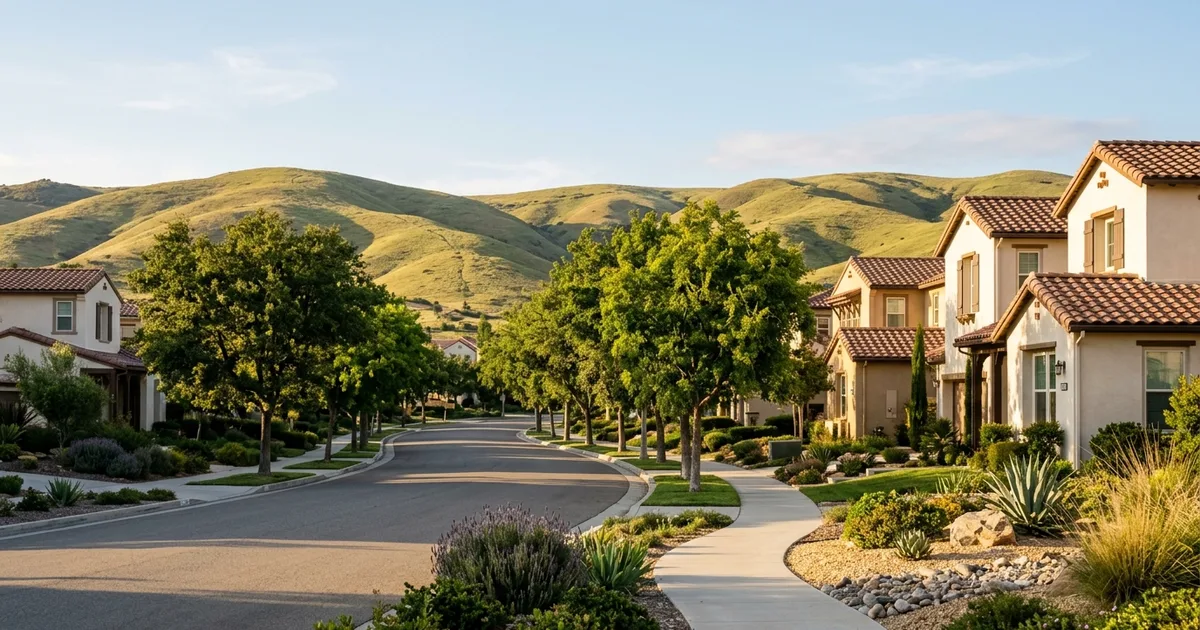 Tree-lined residential street in Murrieta, California, with rolling hills in warm evening light