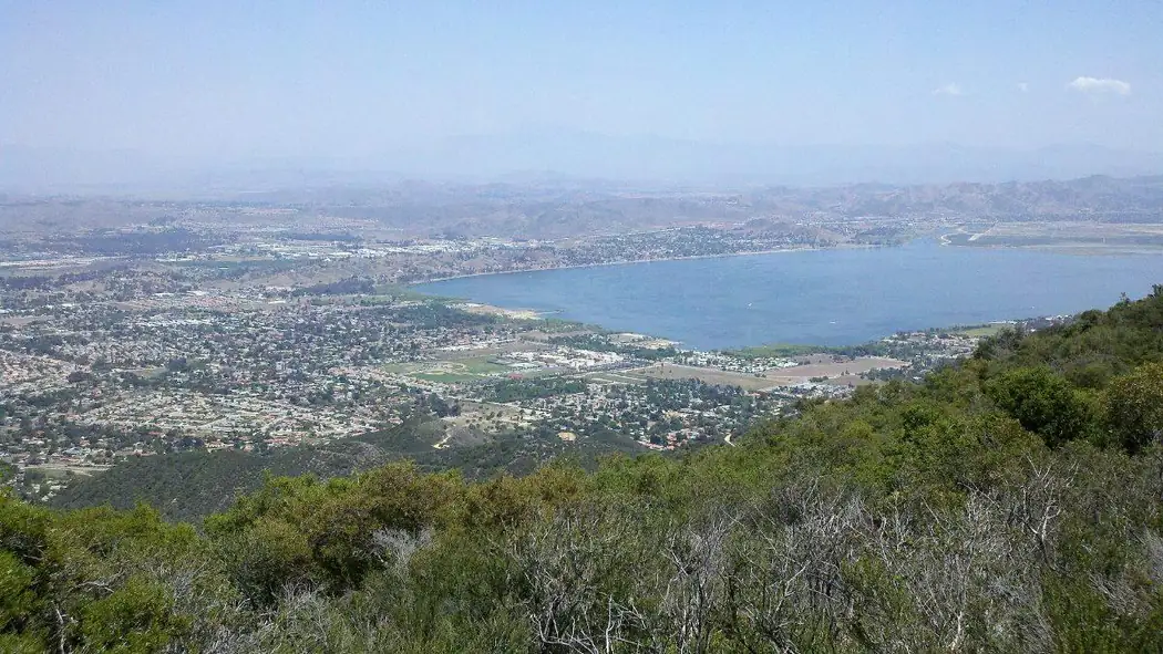 Lake Elsinore and the surrounding city seen from the hills above the shoreline, Riverside County, California