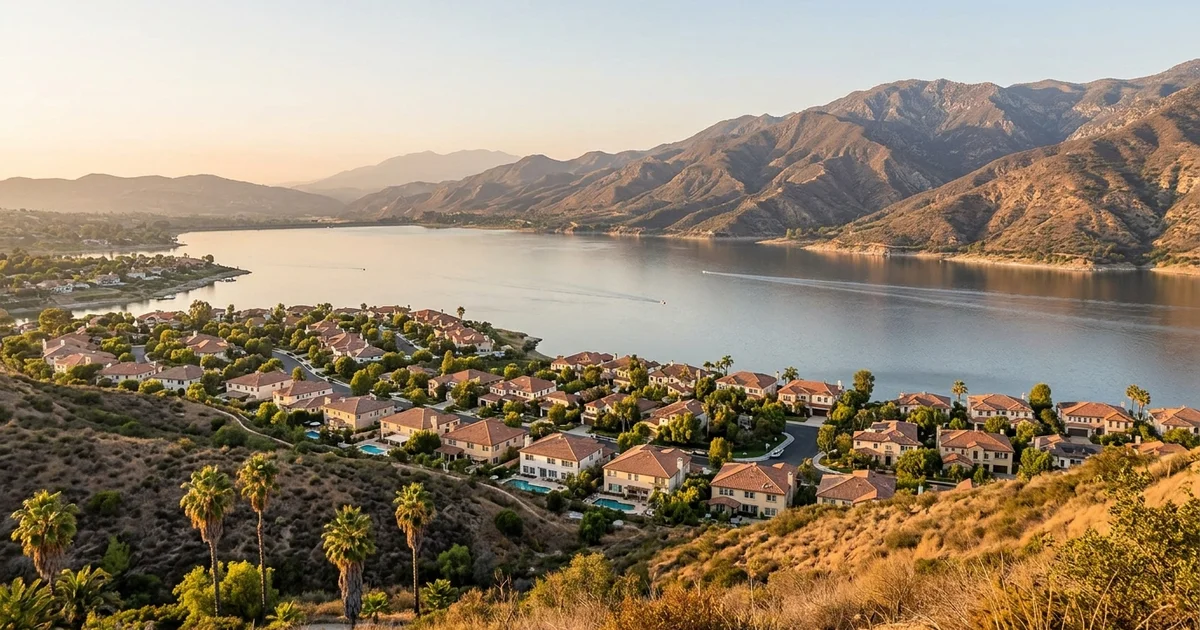 Lake Elsinore seen from the hills at golden hour, with tile-roof homes along the shore and the Santa Ana Mountains behind the water