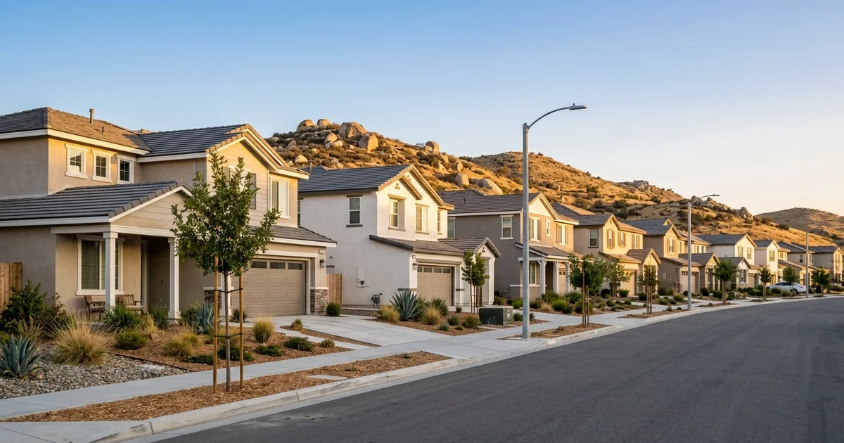 A newer residential street in Menifee, California with two-story stucco homes, young trees, streetlights and landscaped parkways, with boulder-covered hills in the distance