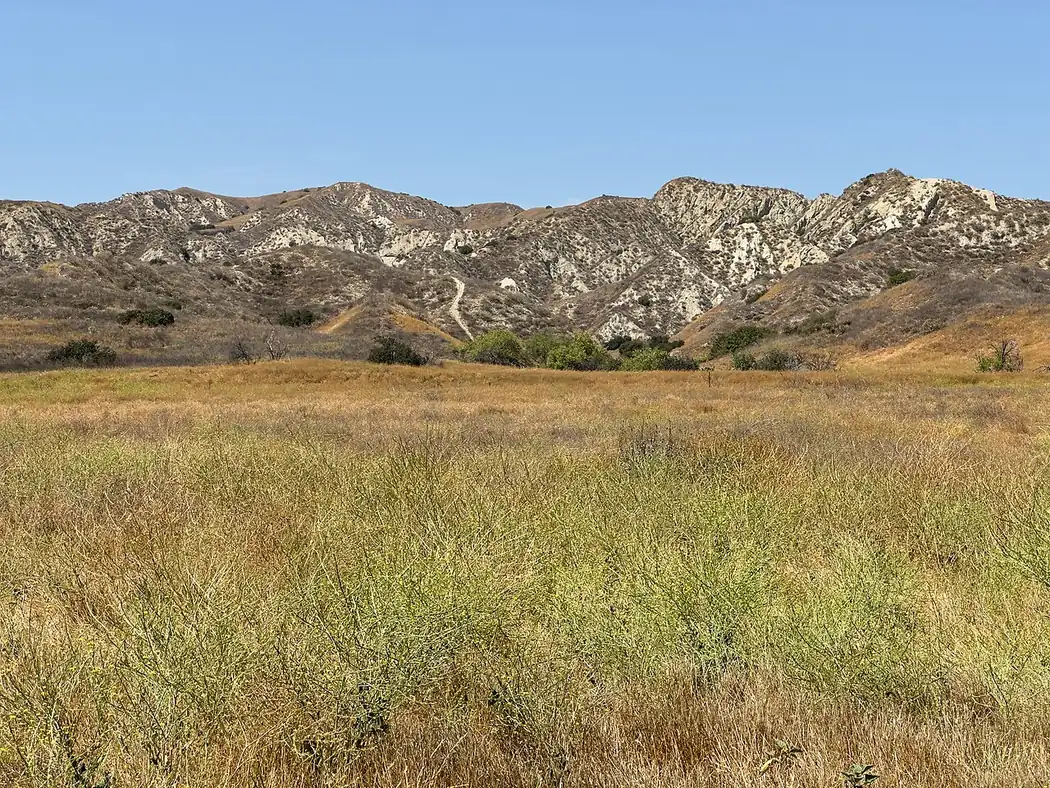 The San Timoteo Badlands seen across open grassland from Moreno Valley, California