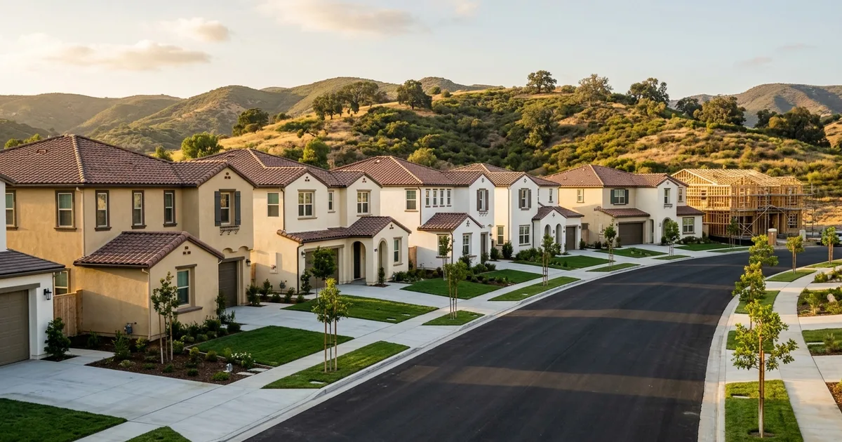 Rows of newly built two-story stucco homes with tile roofs and young trees on a fresh street, with green and golden oak-dotted foothills behind, evoking new construction in Murrieta, California