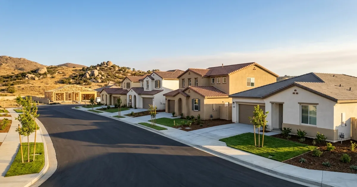 Newly built single-story and two-story stucco homes with tile roofs, fresh sod and staked young trees along a new street, a house still in wood framing at the end of the row and boulder-covered golden hills behind, evoking new construction in Menifee, California