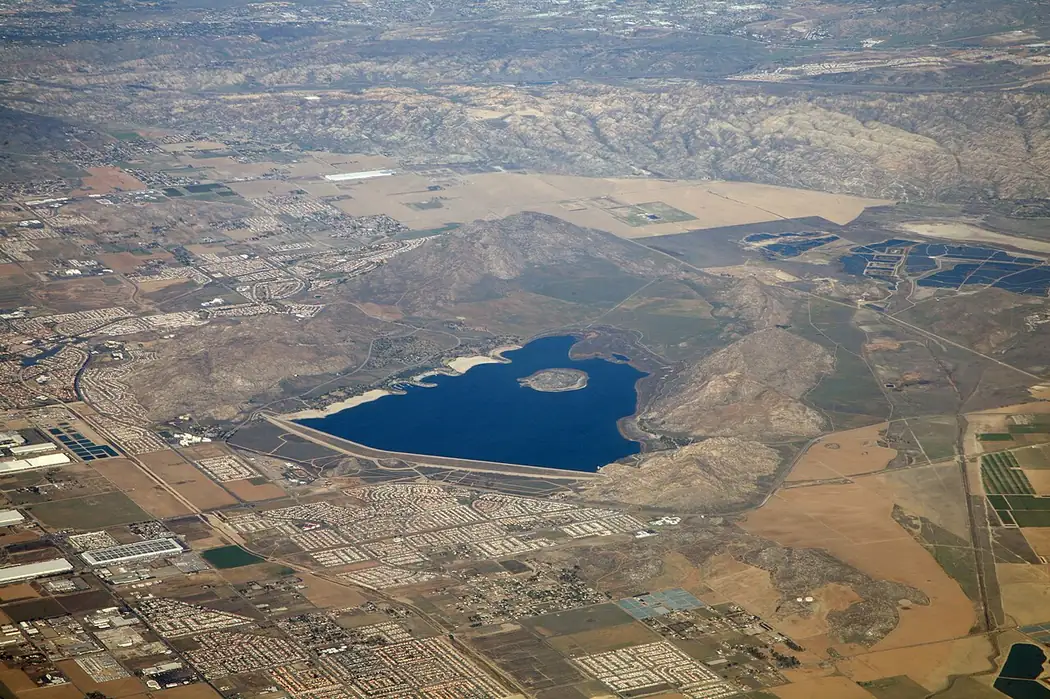 Aerial view of the Perris valley and Lake Perris State Recreation Area in Riverside County, California