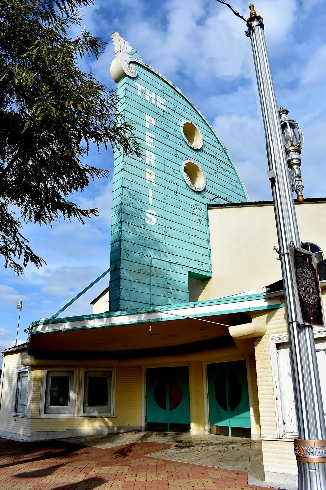 The Perris Theater marquee on the main street of downtown Perris, California