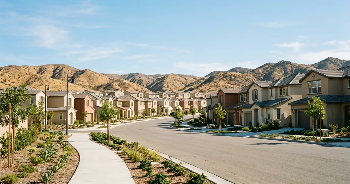 Rows of new two-story homes in a master-planned community in Southwest Riverside County under a clear blue sky