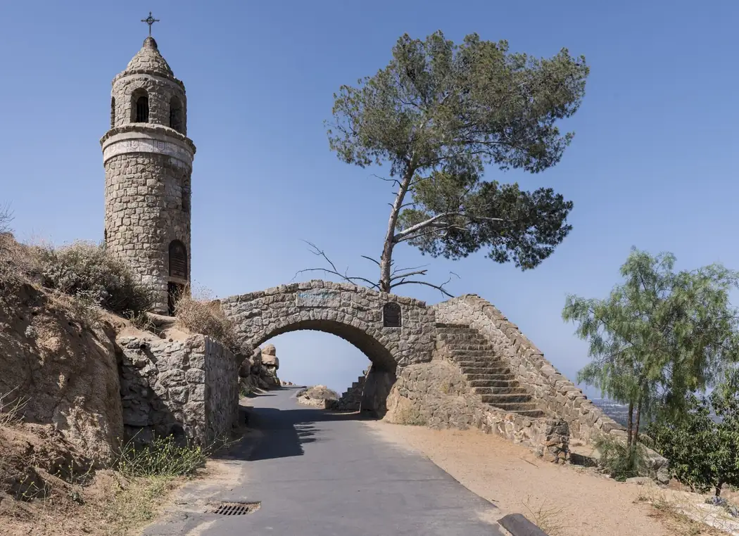 The Peace Tower and stone bridge on Mount Rubidoux above the city of Riverside, California