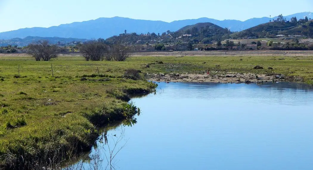 Salt Creek and wetlands with mountains behind, in Menifee, California