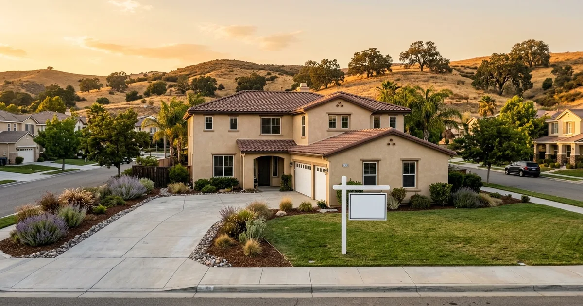 A well-kept single-family home with a blank for-sale sign in the front yard at golden hour, with dry inland hills behind it