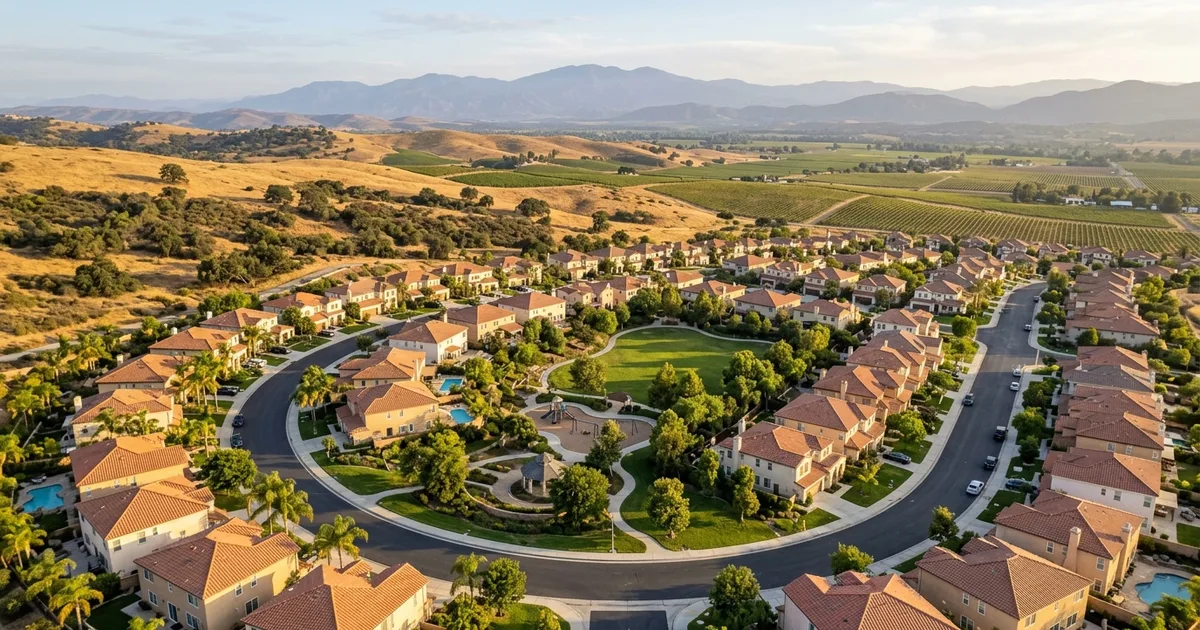 Aerial view of a Temecula Valley style neighborhood with tile-roof homes around a park, golden hills and vineyards beyond, in late afternoon light