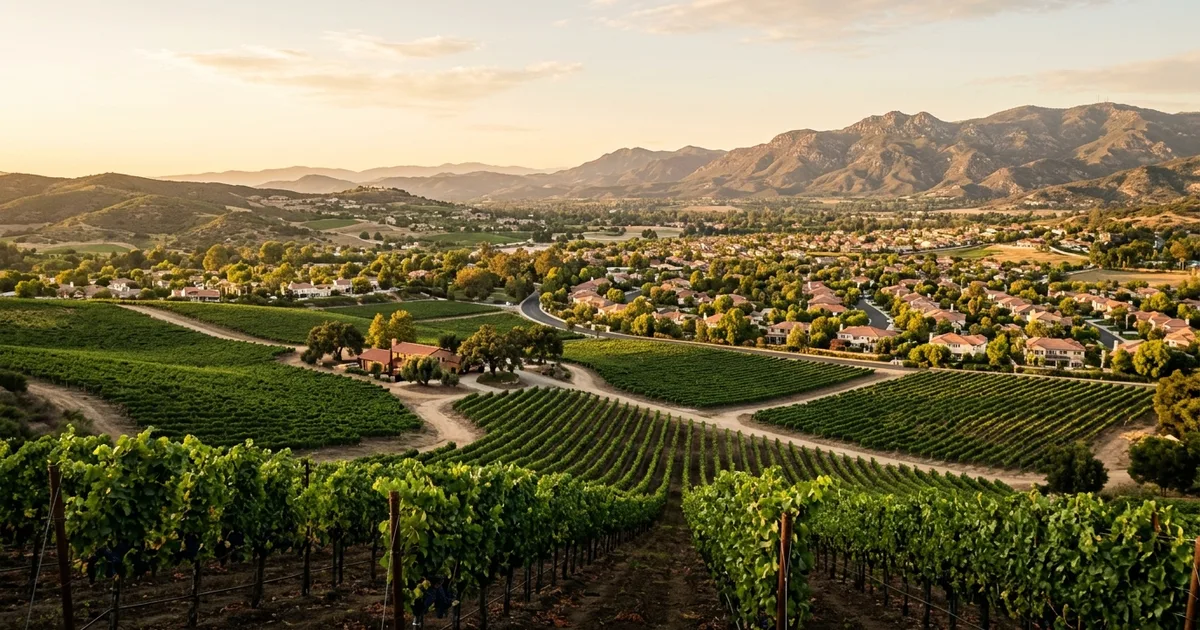Rolling hills and vineyards of the Temecula Valley with suburban neighborhoods of Temecula and Murrieta in the distance at golden hour