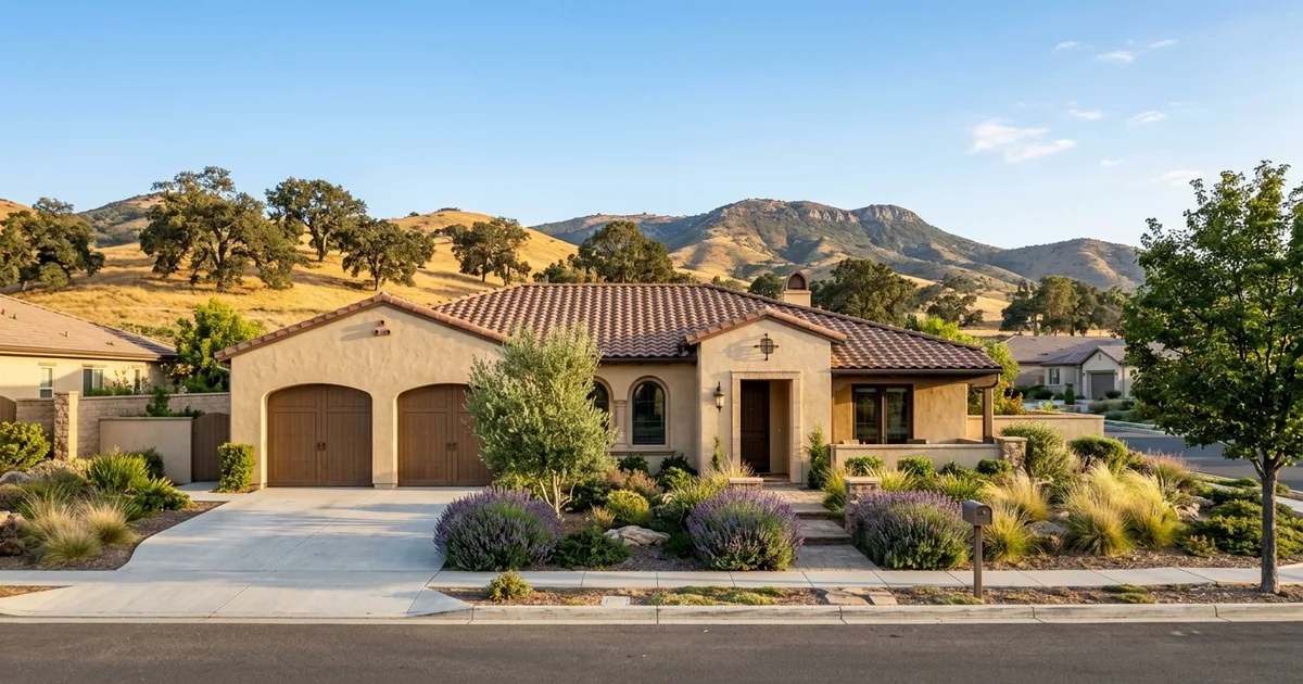 Single-story stucco home with a tile roof and drought-tolerant front yard, with golden oak-dotted hills behind, in the style of the Temecula and Murrieta area of Southwest Riverside County