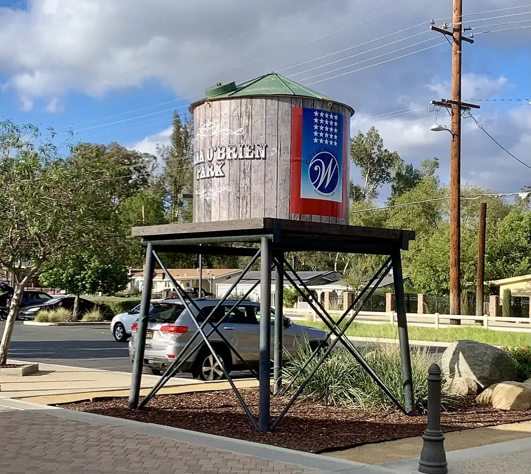 The water tower monument sign at Marna O'Brien Park in Wildomar, California