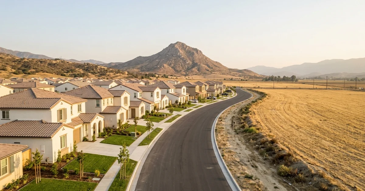 Rows of newly built two-story stucco homes with tile roofs at the edge of open farmland, young trees along a new street and a rocky mountain under a clear sky, evoking new construction in Winchester, California